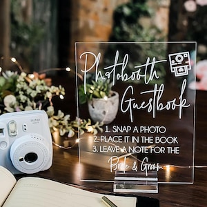 Photobooth Guestbook Snap It Stick It Sign It Clear Glass Look Acrylic Wedding Sign, Photo Booth Station Guest Book Lucite Table