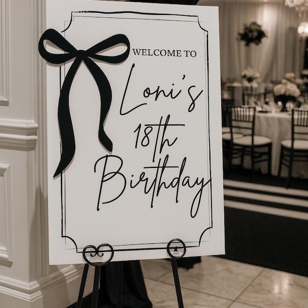 3D Bow Chinoiserie Happy Birthday Acrylic Welcome Entrance Sign, Black and White Theme Milestone Signage, 16th 18th 20th 30th 40th 50th 60th