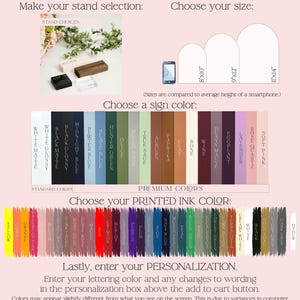 The image is a promotional poster for a company that sells printed ink colors. It provides a guide on how to order personalized ink colors, including options for stand selection, choosing a sign color, and selecting a printed ink color. The poster also mentions that proofing is not sent unless requested in the box.