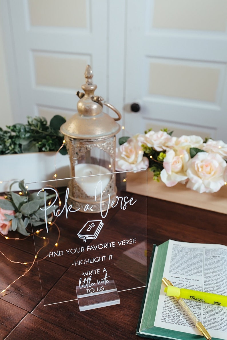 Pick Or Highlight Your Favorite Bible Verse Guestbook Clear Glass Look Acrylic Wedding Sign, Guest Book Plexiglass Perspex Lucite Table Sign image 1