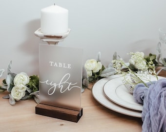 FROSTED Glass Look Acrylic Table Number Sign With Stands, Perspex Modern Calligraphy Table Numbers, Lucite Minimalist Number