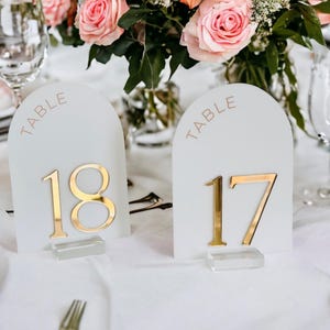 3D ARCH Acrylic White, Blush, Dusty Blue and Gold Table Number Sign With Stands, Perspex Lucite Modern Calligraphy Wedding Table No. image 3