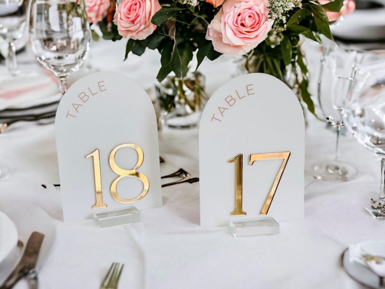 3D ARCH Acrylic White, Blush, Dusty Blue and Gold Table Number Sign With Stands, Perspex Lucite Modern Calligraphy Wedding Table No. image 3