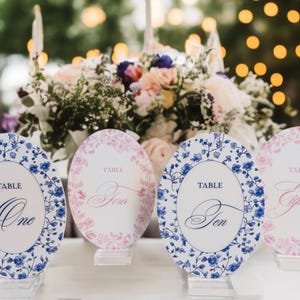 OVAL French Toile Chinoiserie Acrylic Table Number | Blue & White Wedding Sign | Elegant Reception Decor | Vintage-Inspired Event Display