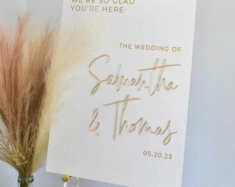 3D Gold Mirror Foil Wedding Acrylic Welcome Sign With Names + Date, Personalized Modern Minimalist Laser Frosted Gold Signage