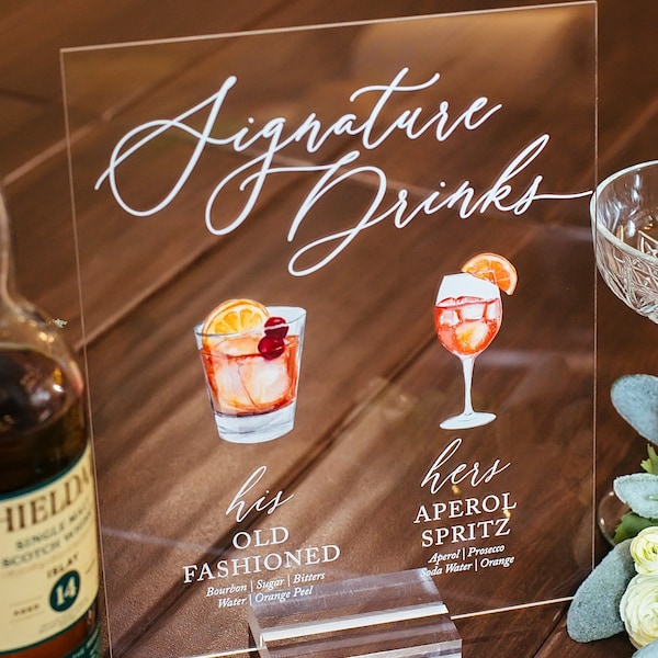 Bar Menu Signature Cocktails Custom Clear Glass Look Acrylic Wedding Sign With Stand, His Her Drinks Lucite Perspex Bar Table Sign
