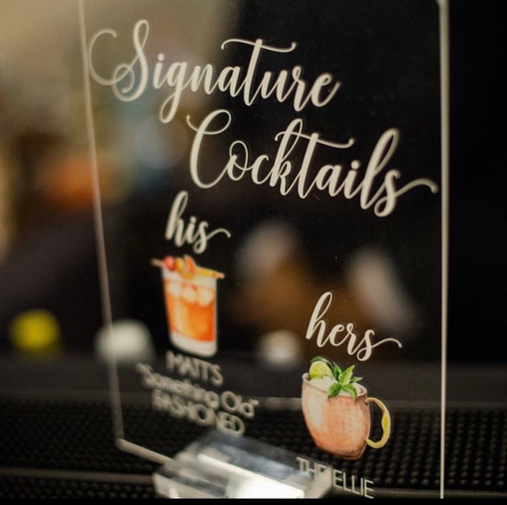 Bar Menu Signature Cocktails Custom Clear Glass Look Acrylic Wedding Sign  With Clear Stand, His Her Drinks Lucite Perspex Bar Table 