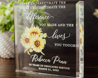 Sunflower Retirement Award Crystal Glass Plaque, Employee Recognition, Staff Present, The Difference You Made Trophy, Years Of Service Gift