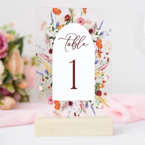 Wildflower Acrylic Table Number Sign With Stands, Garden Wedding Perspex Modern Floral Table Numbers, Bridal Shower Tea Party