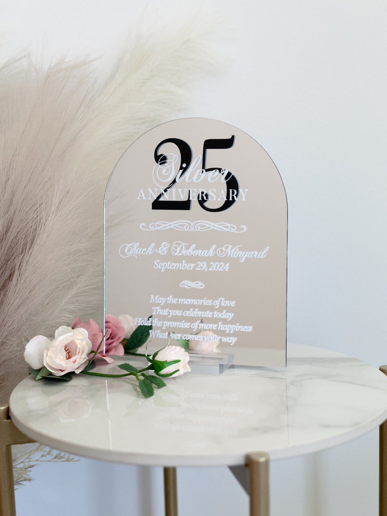 ARCH 25th Silver Mirror Wedding Anniversary Sign Personalized Gift Plaque For Spouse, Twenty Fifth Party Gift For Couples