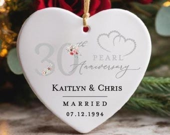 30th PEARL Anniversary Ceramic Heart Ornament Present Idea for Parents, Wedding Gift, Custom Marriage Mr Mrs Keepsake, Thirty Year Strong