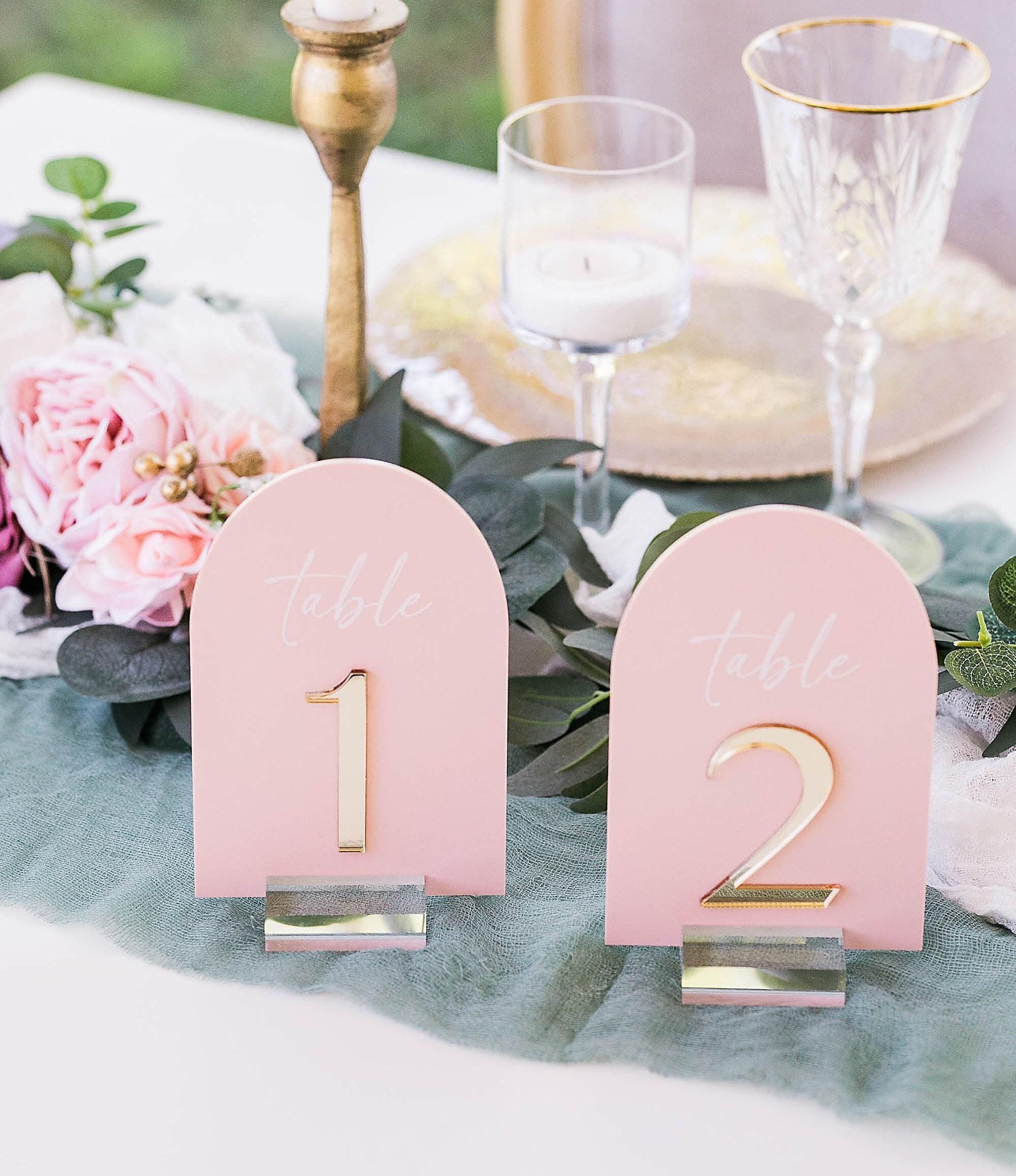3D ARCH Acrylic Blush Dusty Blue and Gold Table Number Sign With Stands, Perspex Modern Calligraphy Table Numbers, Lucite Minimalist Number