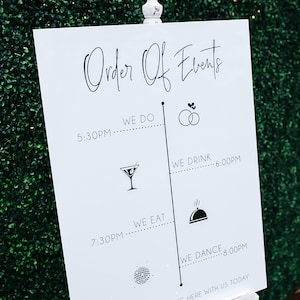 Order of Events Acrylic Wedding Welcome Sign, 18x24 Clear, White, Frosted or Black Glass Look Perspex Modern Timeline Itinerary Signs