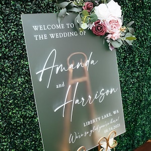 Minimalist Clear, White, Frosted, Black Glass Look Acrylic Funny Wedding Welcome Sign, Personalized Perspex Modern Signs With Names And Date
