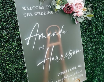 Minimalist Clear, White, Frosted, Black Glass Look Acrylic Funny Wedding Welcome Sign, Personalized Perspex Modern Signs With Names And Date
