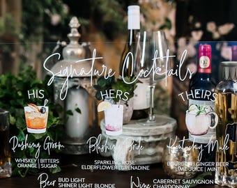 Bar Menu Signature Cocktails Custom Clear Glass Look Acrylic Wedding Sign With Stand, His Her Drinks Lucite Perspex Bar Table Sign