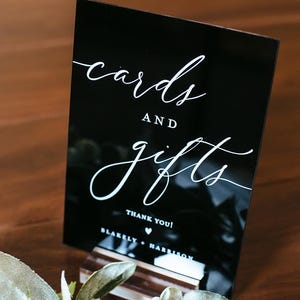 Cards And Gifts Modern Minimalist Clear Glass Look Acrylic Wedding Sign With Names, Lucite Perspex Table Sign
