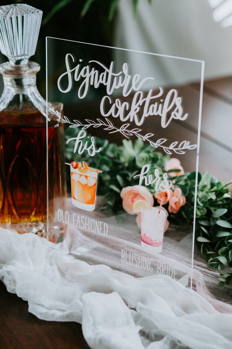 Bar Menu Signature Cocktails Custom Clear Glass Look Acrylic Wedding Sign With Stand, His Her Drinks Lucite Perspex Bar Table Sign