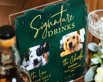 BEST SELLER Signature Pet Drinks Acrylic Wedding Sign for Bar, Cocktails Sign with Dog Cat Party Sign with Pet His and Hers Bar Menu