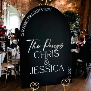 ARCH 3D Our Forever Starts Now Wedding Last Name Acrylic Welcome Sign, Personalized Modern Laser Matte Black Frosted Gold Entrance Signage
