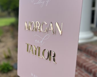 BLUSH and GOLD 3D Mirror Welcome To The Wedding Of Acrylic Sign, 18x24 Personalized Modern Names And Date Minimalist Event Signage