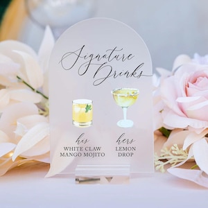 ARCH Bar Menu Signature Cocktails Custom Clear Glass Look Acrylic Wedding Sign With Stand, His Her Drinks Lucite Perspex Bar Table Sign