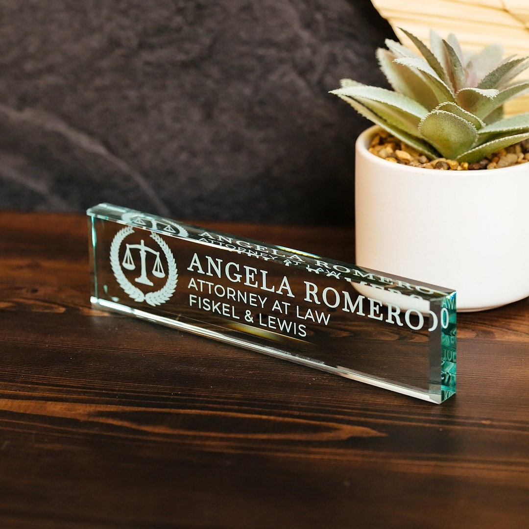 Attorney Glass Office Desk Name Plate, Clear JD Judge Nameplate, Lawyer
