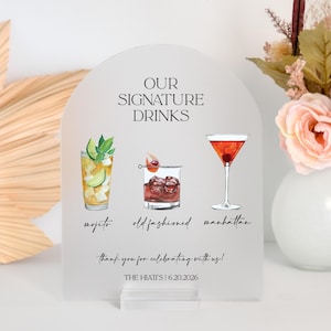 Our Signature Drinks Cocktail Hour Bar Menu Acrylic Sign for Wedding Reception Event Party Planning Bride Groom Old Fashioned, Margarita STC