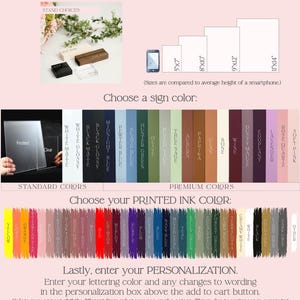 The image is a promotional poster for a customizable printed ink product. It features a variety of color options, including standard and premium colors, as well as a color swatch for customers to choose their preferred ink color. The poster also provides instructions on how to order the product and emphasizes the importance of entering a personalized color.