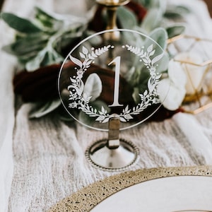 ROUND Acrylic Table Number Sign With Stands, Clear Glass Look Perspex Modern Calligraphy Numbers Lucite Minimalist Seating, Script only