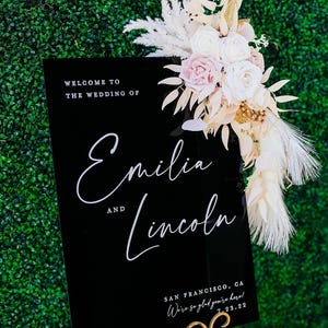 Minimalist Clear, White, Frosted, Black Glass Look Acrylic Funny Wedding Welcome Sign, Personalized Perspex Modern Signs With Names And Date