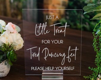 A Little Treat For Your Tired Dancing Feet Slip-on Favors Clear Glass Look Acrylic Wedding Sign,  Lucite Perspex Flip Flops Sign