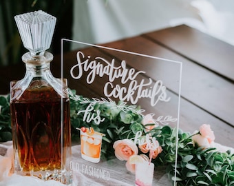 Bar Menu Signature Cocktails Custom Clear Glass Look Acrylic Wedding Sign With Stand, His Her Drinks Lucite Perspex Bar Table Sign