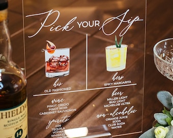 Pick Your Sip Bar Menu Signature Cocktails Custom Clear Glass Look Acrylic Wedding Sign With Stand, His Her Drinks Lucite Perspex Table Sign