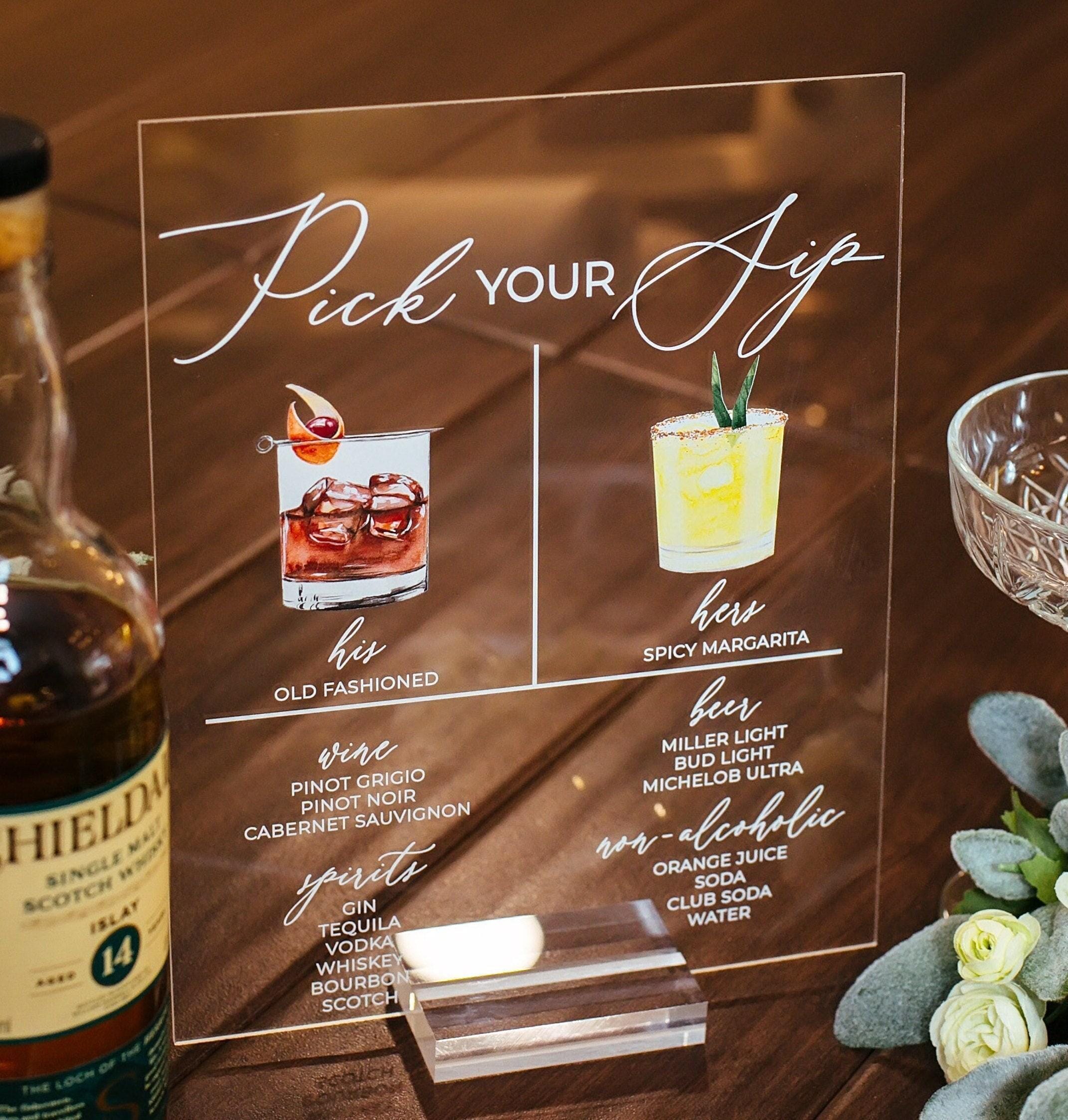 Pick Your Sip Bar Menu Signature Cocktails Custom Clear Glass Look