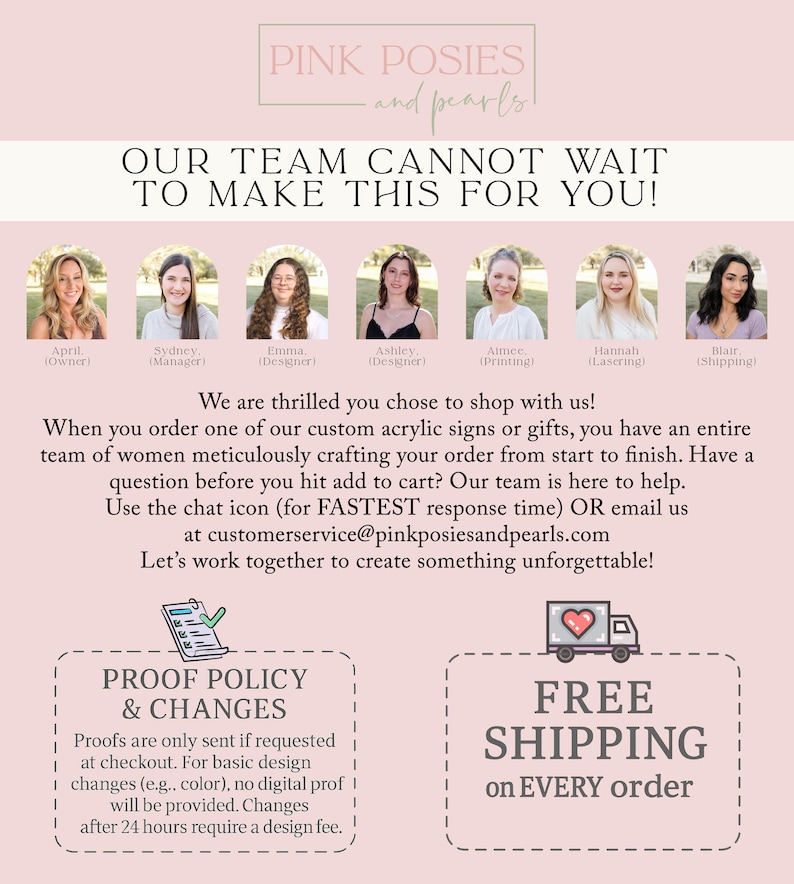a team of women working together to create custom designs, with a focus on custom acrylic and pearls.