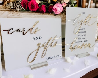 3D 8x10 Sign Bundle of Guestbook, Gifts and Cards, In Loving Memory, Please Take One Clear Glass Acrylic Modern Calligraphy Wedding Sign