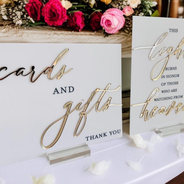 3D 8x10 Sign Bundle of Guestbook, Gifts and Cards, In Loving Memory, Please Take One Clear Glass Acrylic Modern Calligraphy Wedding Sign