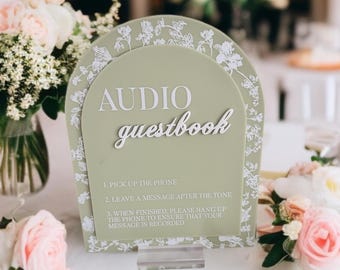 3D ARCH Floral Toile Audio Guestbook Pick Up The Phone Leave A Message For The Newlyweds Acrylic Wedding Sign, French Chinoiserie Reception