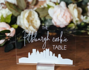 Pittsburgh Cookie Table Tradition Favors Clear Glass Look Acrylic Wedding Sign All of Yinz Skyline Lucite Perspex Cookies Table Sign SIG-PCT