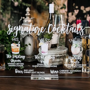 Bar Menu Signature Cocktails Custom Clear Glass Look Acrylic Wedding Sign With Stand, His Her Drinks Lucite Perspex Bar Table Sign