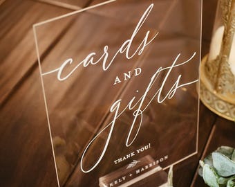 Cards And Gifts Modern Minimalist Clear Glass Look Acrylic Wedding Sign With Names, Lucite Perspex Table Sign