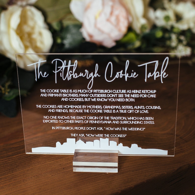 Pittsburgh Cookie Table Tradition Favors Clear Glass Look Acrylic Wedding Sign All of Yinz Skyline Lucite Perspex Cookies Table Sign image 1