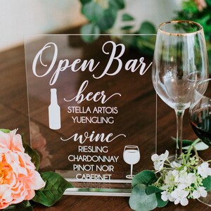 Open Bar Beer Wine Clear Glass Look Acrylic Wedding Sign, 8x10 Signature Drinks and Cocktails Lucite Table Sign