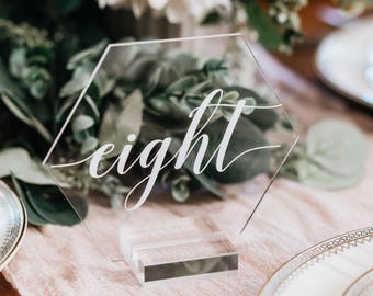 HEXAGON Acrylic Table Number Signs With Stands, Perspex Modern Calligraphy, Lucite Minimalist or Clear Glass Look Centerpiece, HEX-SCRIPT