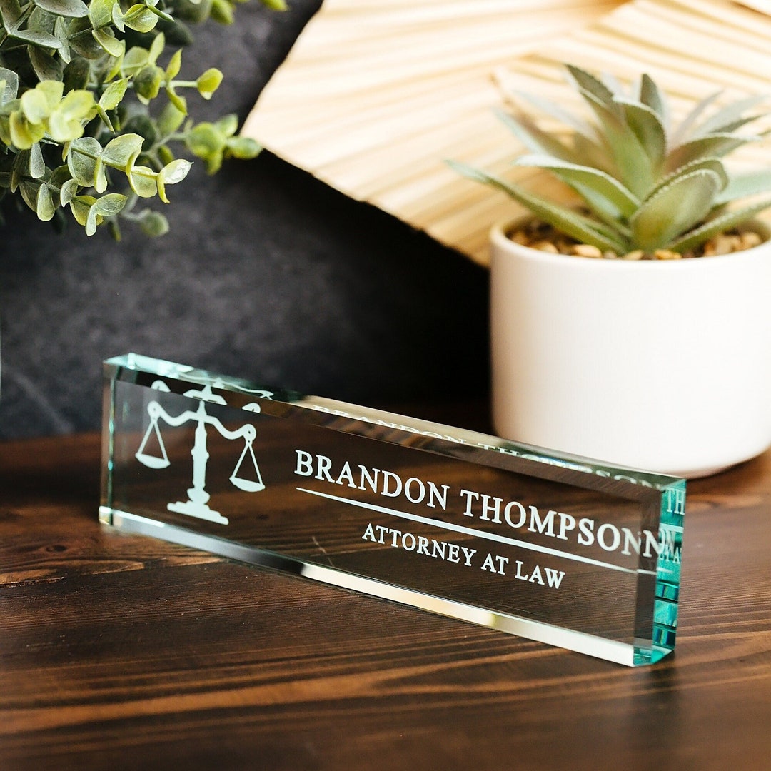 Attorney Glass Office Desk Name Plate, Clear JD Judge Nameplate, Lawyer