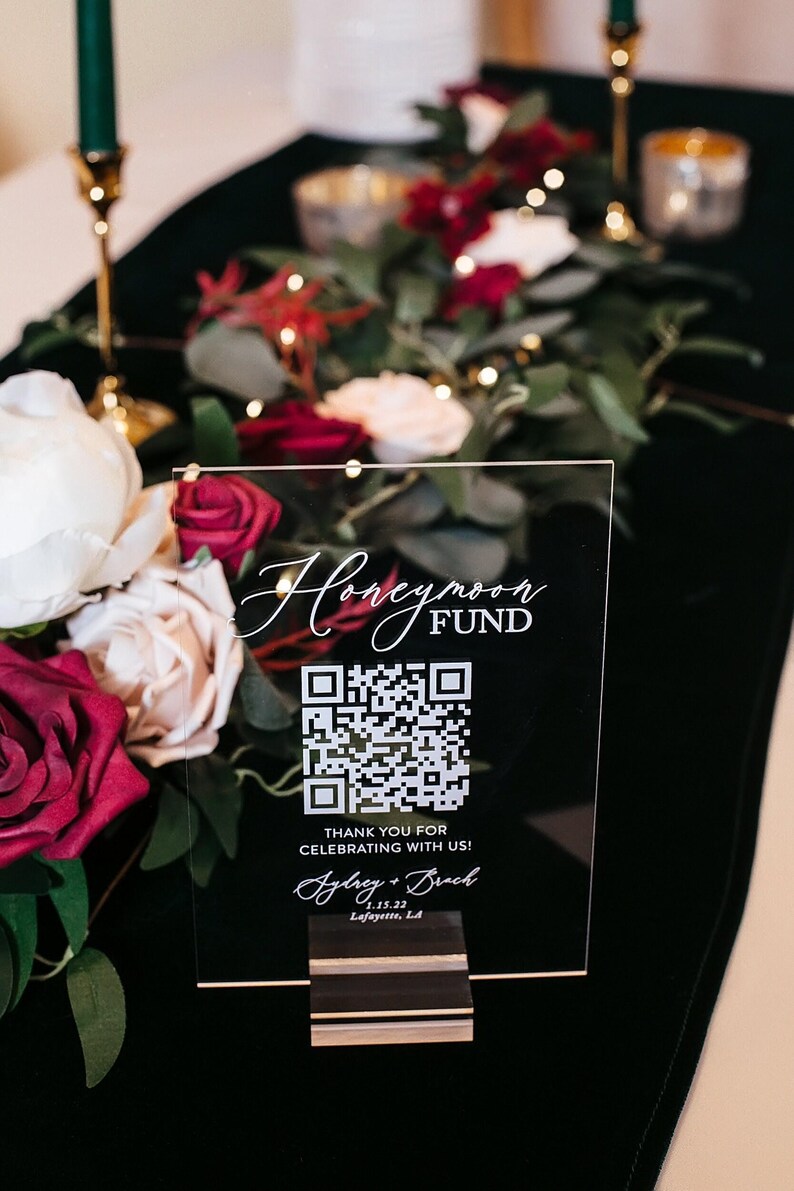 Scannable Honeymoon Wedding Fund QR Code Clear, Black, White or FROSTED Sign, Venmo Cashapp Modern Minimalist Wedding Cash Gift Acrylic Sign image 6