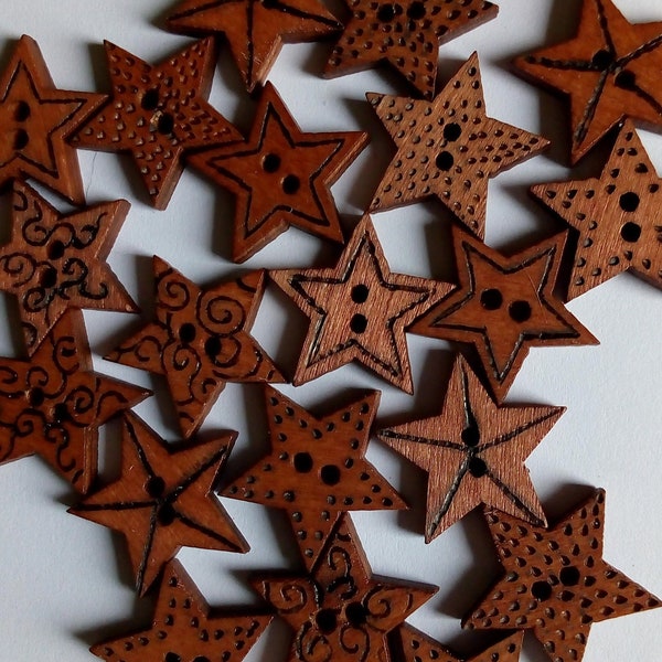 Wooden Star Patterned Buttons - Each Hand Burned - For Crafts and Sewing