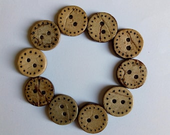 Coconut Shell Buttons - Hand Burned Pattern - Pack Of 10