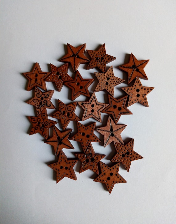 Wooden Star Patterned Buttons - Each Hand Burned - For Crafts and Sewing